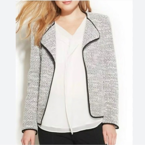 NWT Calvin Klein Women's Open Front Tweed Blazer Jacket Black Gray Size 12 - Picture 1 of 11